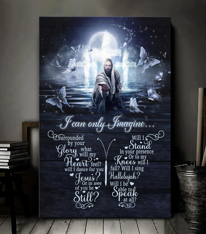 Jesus Portrait Canvas- Jesus Painting, White butterflies, Light Cross- Gift for Christian- I can only imagine - Portrait Canvas Prints, Wall Art