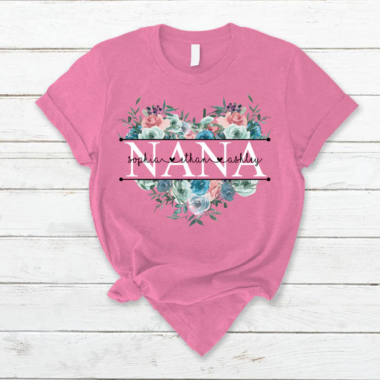 Personalized T-Shirt, Mother's Day Gift T-Shirt, Pastel Peony Rose Nana And Grandkids Custom T-Shirt, Custom Name And Kid Names On T-Shirt