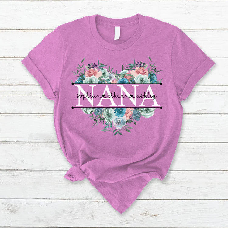 Personalized T-Shirt, Mother's Day Gift T-Shirt, Pastel Peony Rose Nana And Grandkids Custom T-Shirt, Custom Name And Kid Names On T-Shirt