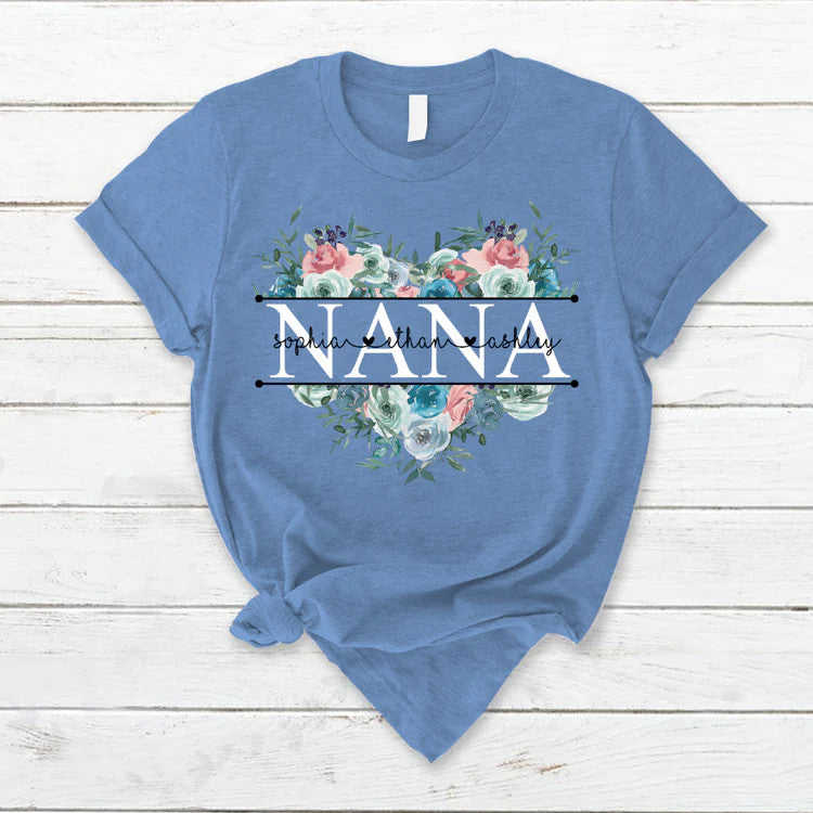 Personalized T-Shirt, Mother's Day Gift T-Shirt, Pastel Peony Rose Nana And Grandkids Custom T-Shirt, Custom Name And Kid Names On T-Shirt