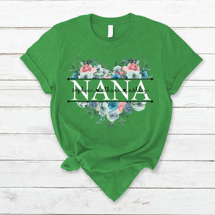 Personalized T-Shirt, Mother's Day Gift T-Shirt, Pastel Peony Rose Nana And Grandkids Custom T-Shirt, Custom Name And Kid Names On T-Shirt