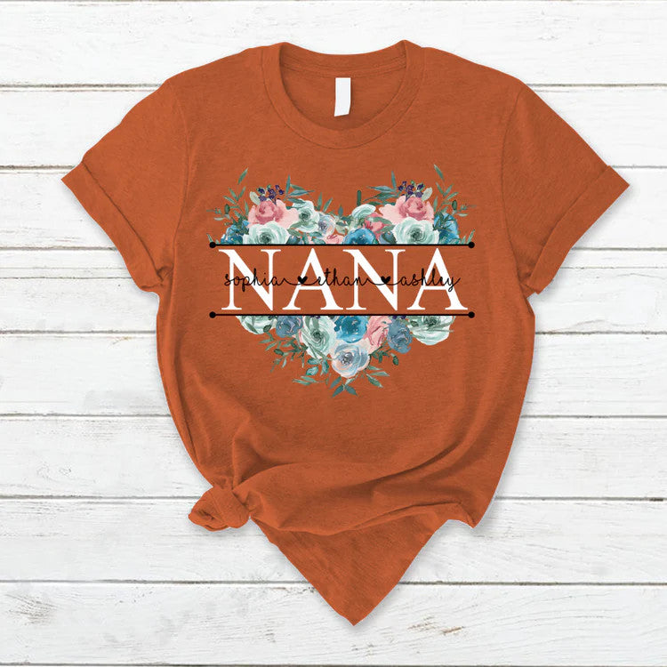 Personalized T-Shirt, Mother's Day Gift T-Shirt, Pastel Peony Rose Nana And Grandkids Custom T-Shirt, Custom Name And Kid Names On T-Shirt