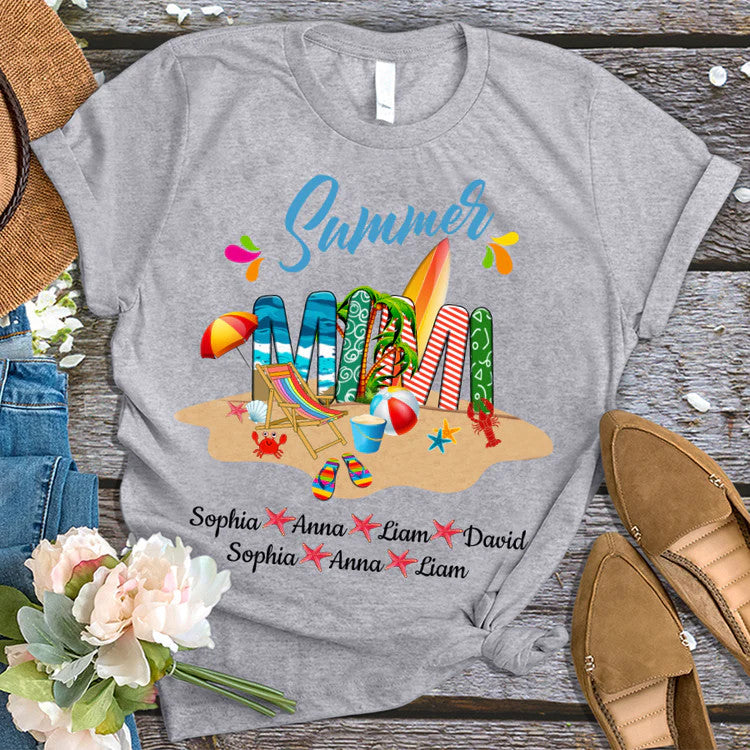 Mimi And Kids Custom Name T-Shirt, Mother's Day Personalized T-Shirt, Beach Summer Custom T-Shirt - Gift For Mimi, Nana, Grammy, Grandma