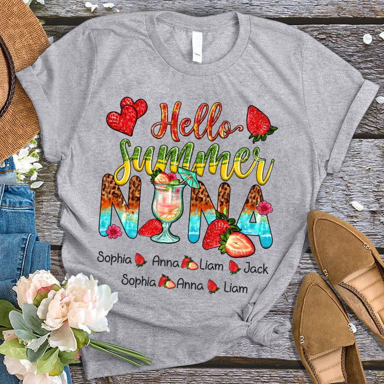 Nana And Kids Custom Name T-Shirt, Mother's Day Personalized T-Shirt, Hello Summer Strawberry Custom T-Shirt - Gift For Granma, Mimi, Nana, Grammy