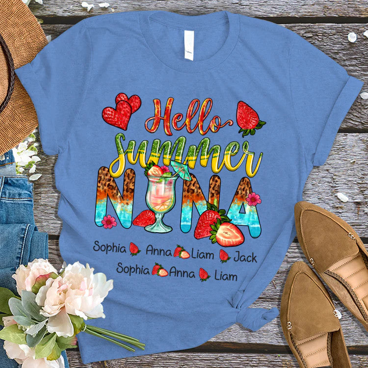 Nana And Kids Custom Name T-Shirt, Mother's Day Personalized T-Shirt, Hello Summer Strawberry Custom T-Shirt - Gift For Granma, Mimi, Nana, Grammy