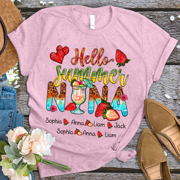 Nana And Kids Custom Name T-Shirt, Mother's Day Personalized T-Shirt, Hello Summer Strawberry Custom T-Shirt - Gift For Granma, Mimi, Nana, Grammy
