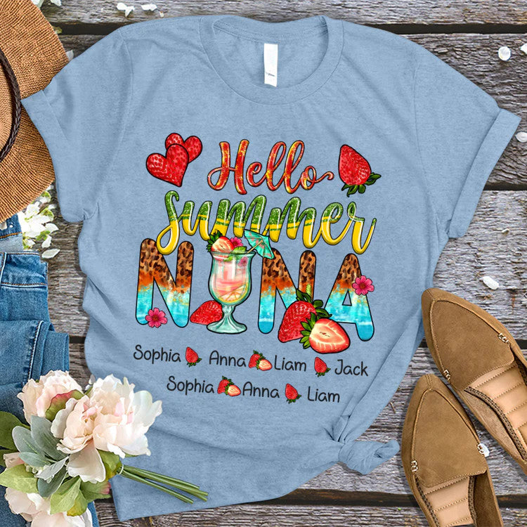 Nana And Kids Custom Name T-Shirt, Mother's Day Personalized T-Shirt, Hello Summer Strawberry Custom T-Shirt - Gift For Granma, Mimi, Nana, Grammy