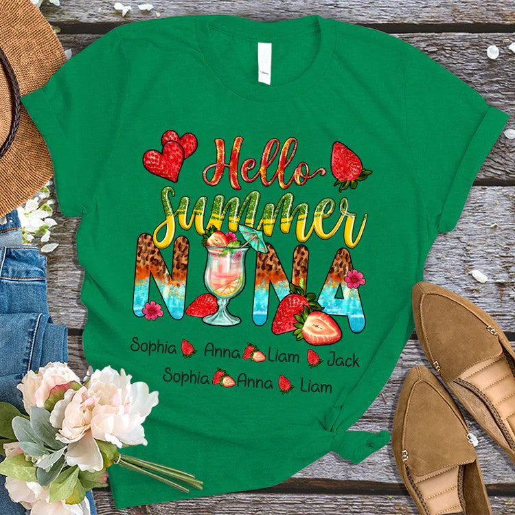 Nana And Kids Custom Name T-Shirt, Mother's Day Personalized T-Shirt, Hello Summer Strawberry Custom T-Shirt - Gift For Granma, Mimi, Nana, Grammy