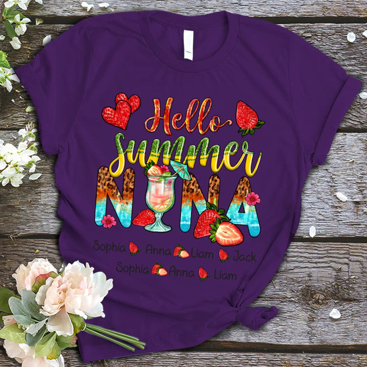 Nana And Kids Custom Name T-Shirt, Mother's Day Personalized T-Shirt, Hello Summer Strawberry Custom T-Shirt - Gift For Granma, Mimi, Nana, Grammy