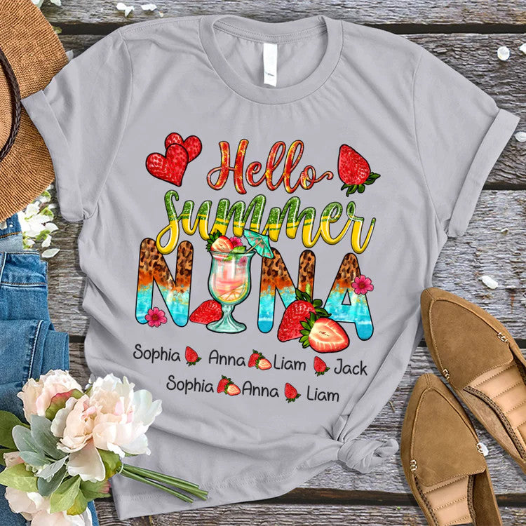 Nana And Kids Custom Name T-Shirt, Mother's Day Personalized T-Shirt, Hello Summer Strawberry Custom T-Shirt - Gift For Granma, Mimi, Nana, Grammy
