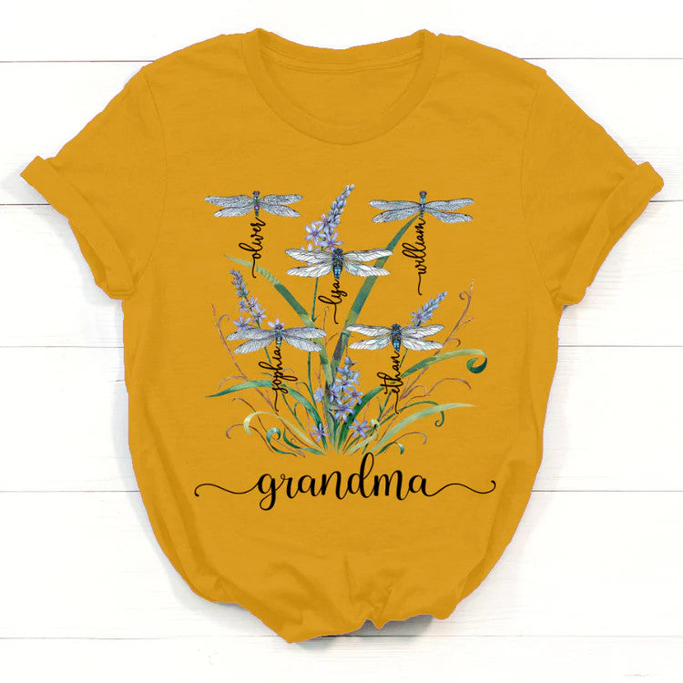 Grandma And GrandKids Custom Name T-Shirt, Mother's Day Personalized T-Shirt, Dragonfly Painting Custom T-Shirt - Gift For Granma, Mimi, Nana, Grammy