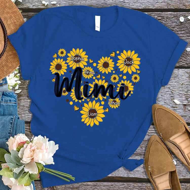 Sunflower Hearts Mimi And Kids Custom Name T-Shirt, Mother's Day Personalized T-Shirt, Sunflower Custom T-Shirt - Gift For Mimi, Nana, Grammy, Grandma