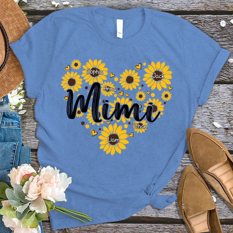 Sunflower Hearts Mimi And Kids Custom Name T-Shirt, Mother's Day Personalized T-Shirt, Sunflower Custom T-Shirt - Gift For Mimi, Nana, Grammy, Grandma