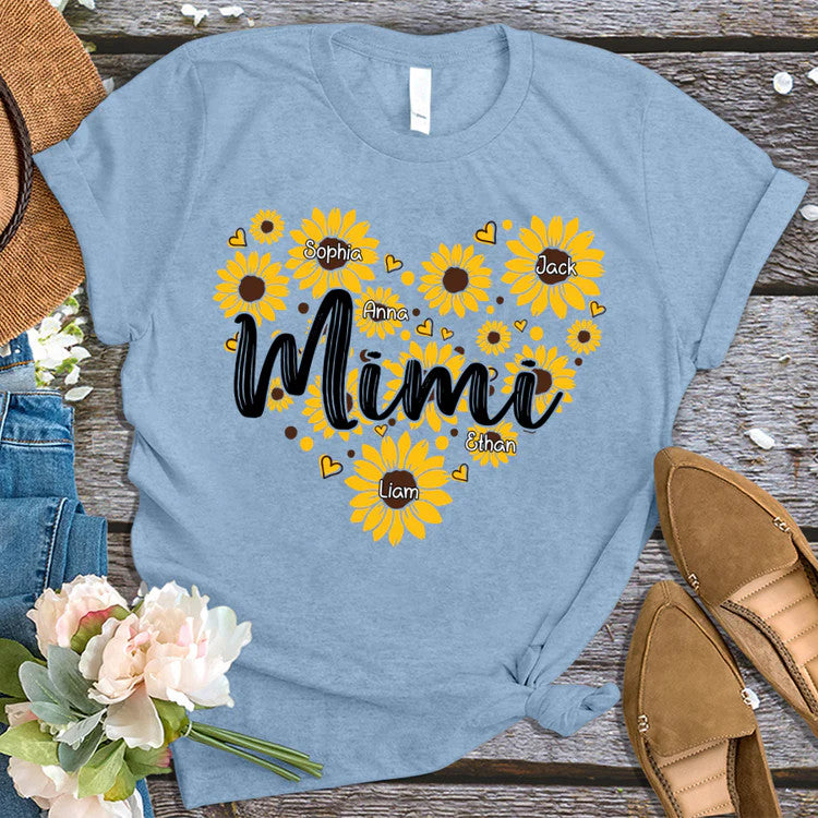 Sunflower Hearts Mimi And Kids Custom Name T-Shirt, Mother's Day Personalized T-Shirt, Sunflower Custom T-Shirt - Gift For Mimi, Nana, Grammy, Grandma