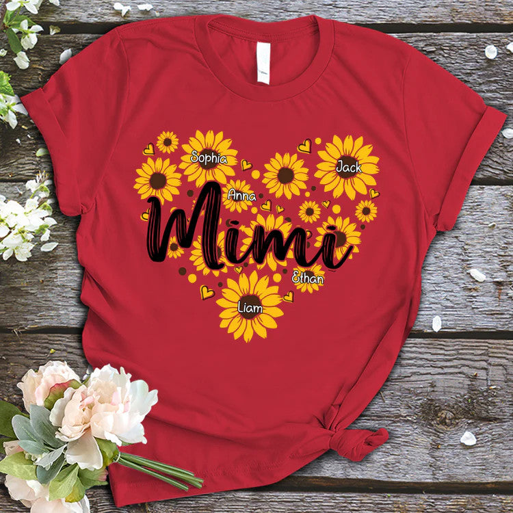 Sunflower Hearts Mimi And Kids Custom Name T-Shirt, Mother's Day Personalized T-Shirt, Sunflower Custom T-Shirt - Gift For Mimi, Nana, Grammy, Grandma