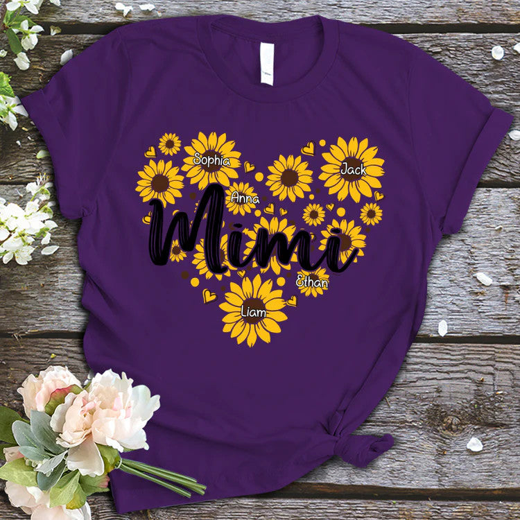 Sunflower Hearts Mimi And Kids Custom Name T-Shirt, Mother's Day Personalized T-Shirt, Sunflower Custom T-Shirt - Gift For Mimi, Nana, Grammy, Grandma