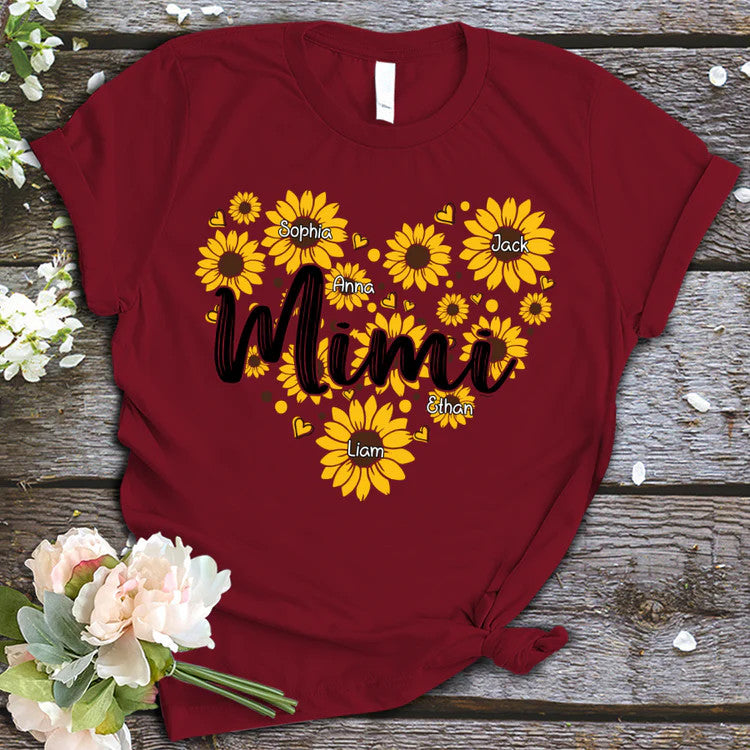 Sunflower Hearts Mimi And Kids Custom Name T-Shirt, Mother's Day Personalized T-Shirt, Sunflower Custom T-Shirt - Gift For Mimi, Nana, Grammy, Grandma