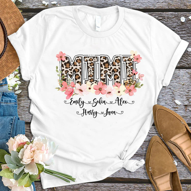 Leopard Floral Mimi With Grandkid Custom Name T-Shirt, Mother's Day Personalized T-Shirt, Love Grandma T-Shirt - Gift For Granma, Mimi, Nana, Grammy