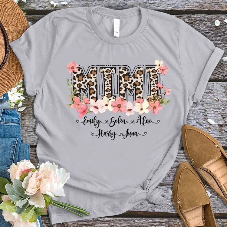 Leopard Floral Mimi With Grandkid Custom Name T-Shirt, Mother's Day Personalized T-Shirt, Love Grandma T-Shirt - Gift For Granma, Mimi, Nana, Grammy