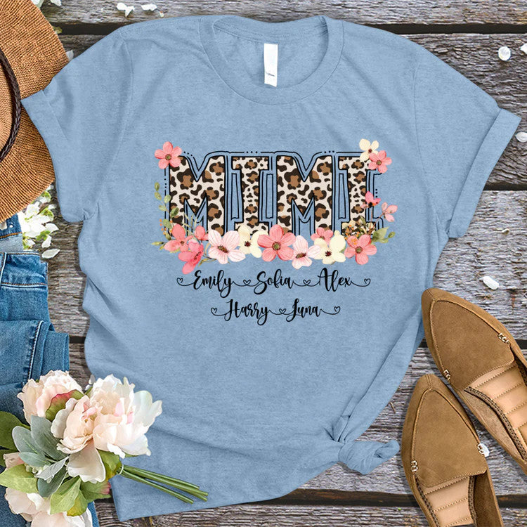 Leopard Floral Mimi With Grandkid Custom Name T-Shirt, Mother's Day Personalized T-Shirt, Love Grandma T-Shirt - Gift For Granma, Mimi, Nana, Grammy