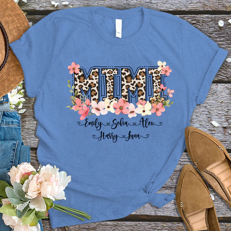 Leopard Floral Mimi With Grandkid Custom Name T-Shirt, Mother's Day Personalized T-Shirt, Love Grandma T-Shirt - Gift For Granma, Mimi, Nana, Grammy