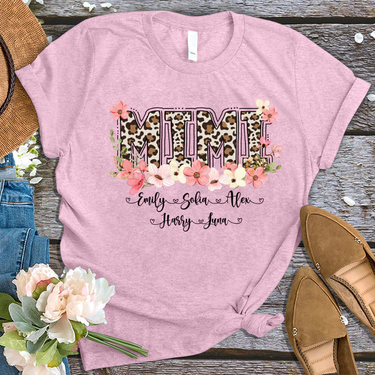 Leopard Floral Mimi With Grandkid Custom Name T-Shirt, Mother's Day Personalized T-Shirt, Love Grandma T-Shirt - Gift For Granma, Mimi, Nana, Grammy