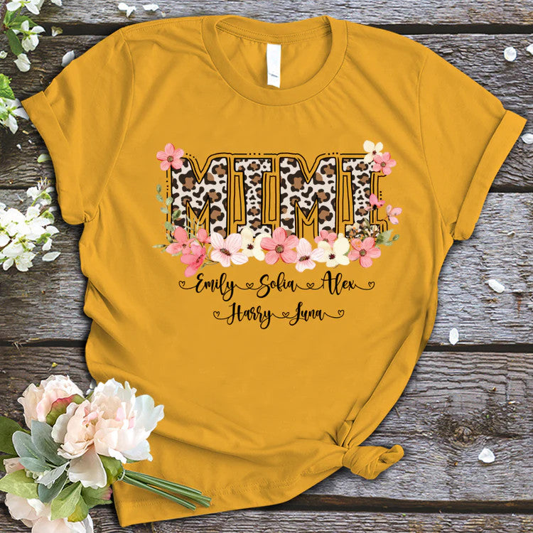 Leopard Floral Mimi With Grandkid Custom Name T-Shirt, Mother's Day Personalized T-Shirt, Love Grandma T-Shirt - Gift For Granma, Mimi, Nana, Grammy
