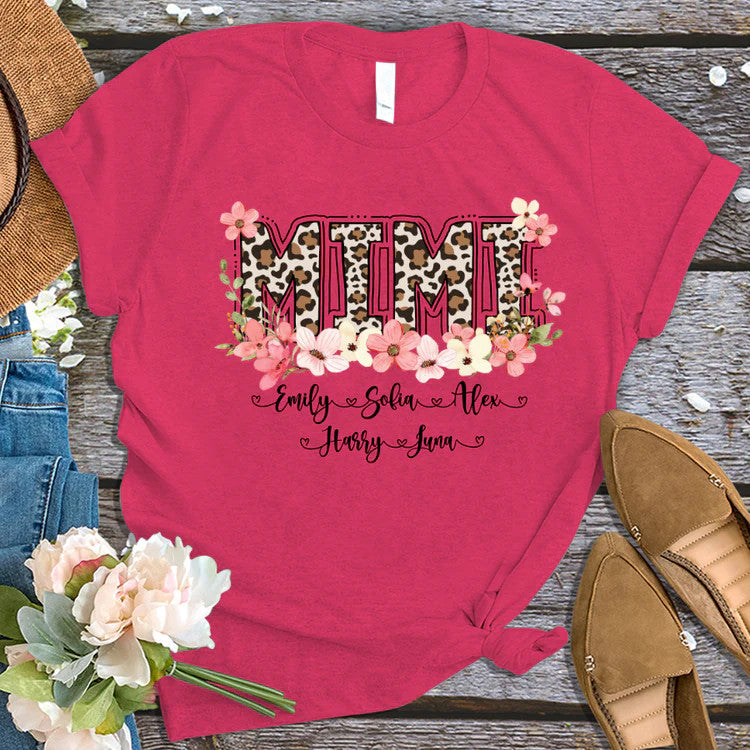 Leopard Floral Mimi With Grandkid Custom Name T-Shirt, Mother's Day Personalized T-Shirt, Love Grandma T-Shirt - Gift For Granma, Mimi, Nana, Grammy