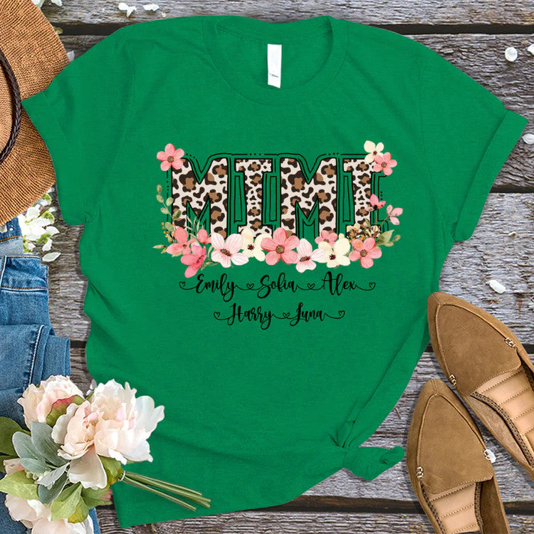 Leopard Floral Mimi With Grandkid Custom Name T-Shirt, Mother's Day Personalized T-Shirt, Love Grandma T-Shirt - Gift For Granma, Mimi, Nana, Grammy