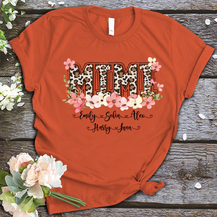 Leopard Floral Mimi With Grandkid Custom Name T-Shirt, Mother's Day Personalized T-Shirt, Love Grandma T-Shirt - Gift For Granma, Mimi, Nana, Grammy