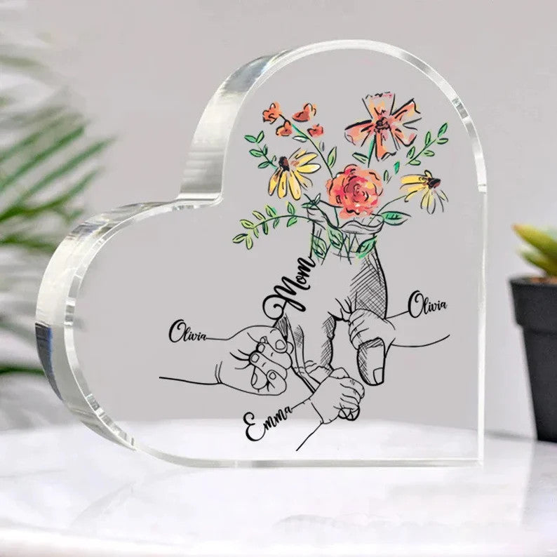 Mother's Day Kid Holding Mother's Hands Heart Shaped Acrylic Plaque, Custom Names Heart Shaped Acrylic, Personalized Gift For Mom, Grandma, Mimi, Nana