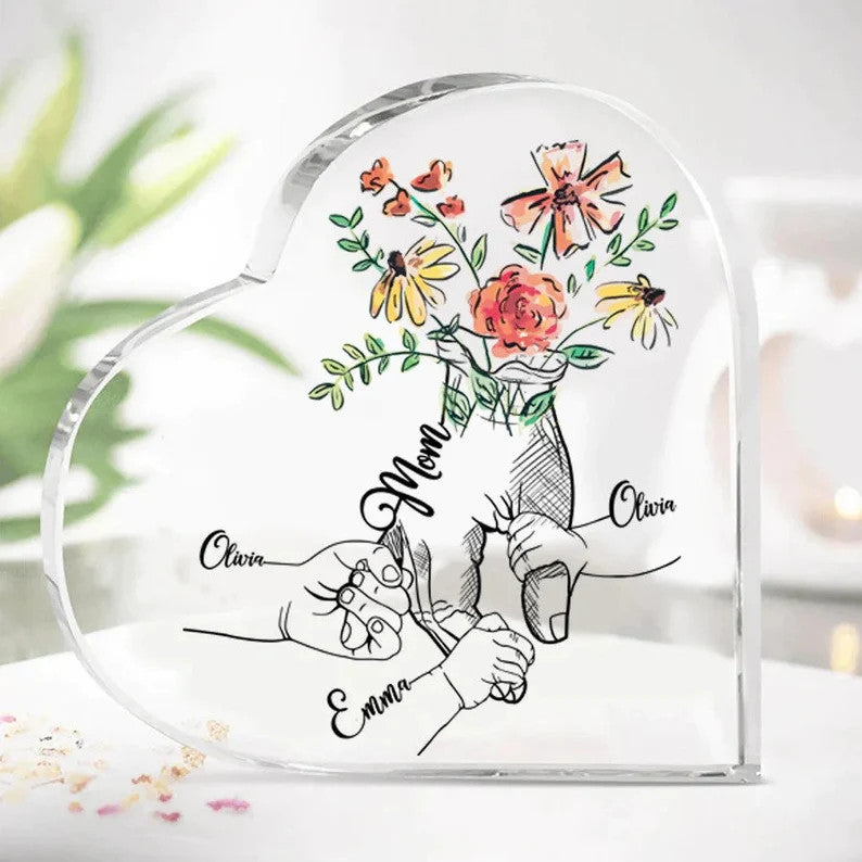 Mother's Day Kid Holding Mother's Hands Heart Shaped Acrylic Plaque, Custom Names Heart Shaped Acrylic, Personalized Gift For Mom, Grandma, Mimi, Nana