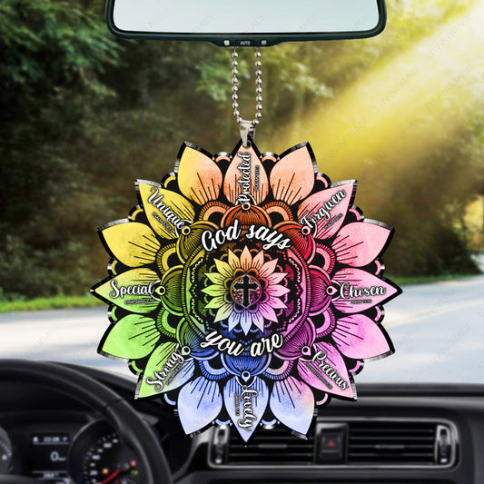 Colorful Sunflower God Says You Are Acrylic Car Ornament, Perfect Christmas Gift For Family, Friends