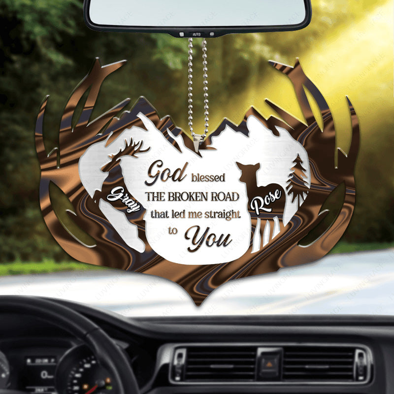 Antler Silhouette Scene God Blessed Personalized Acrylic Car Ornament, Perfect Couple Gift On Christmas