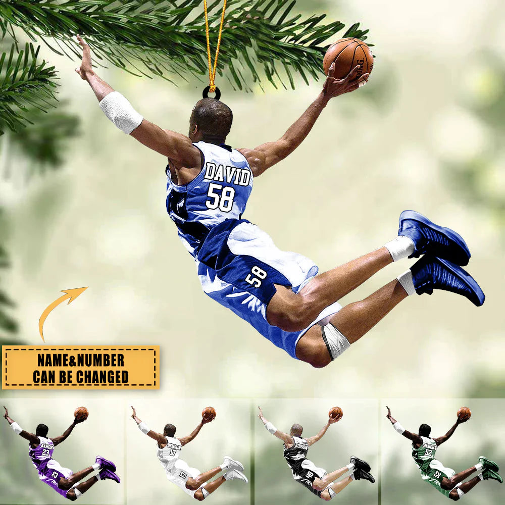 Personalized Male Man Basketball Mid Air Slam Dunk Acrylic Ornament, Custom Christmas Ornament Gifts For Basketball Player