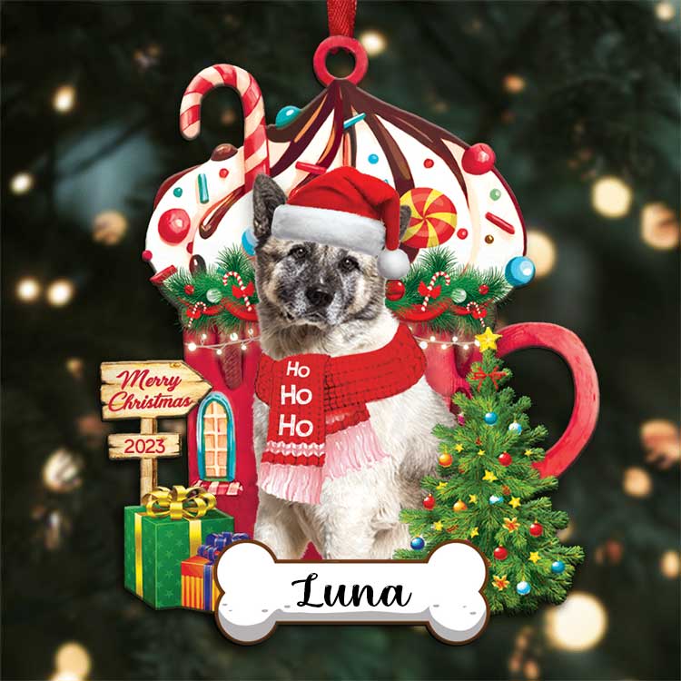 Custom Silver Brindle Akita Inu Dog Name With Christmas Hot Chocolate Cup Acrylic Ornaments, Ornament Gift For Dog Mom Dad