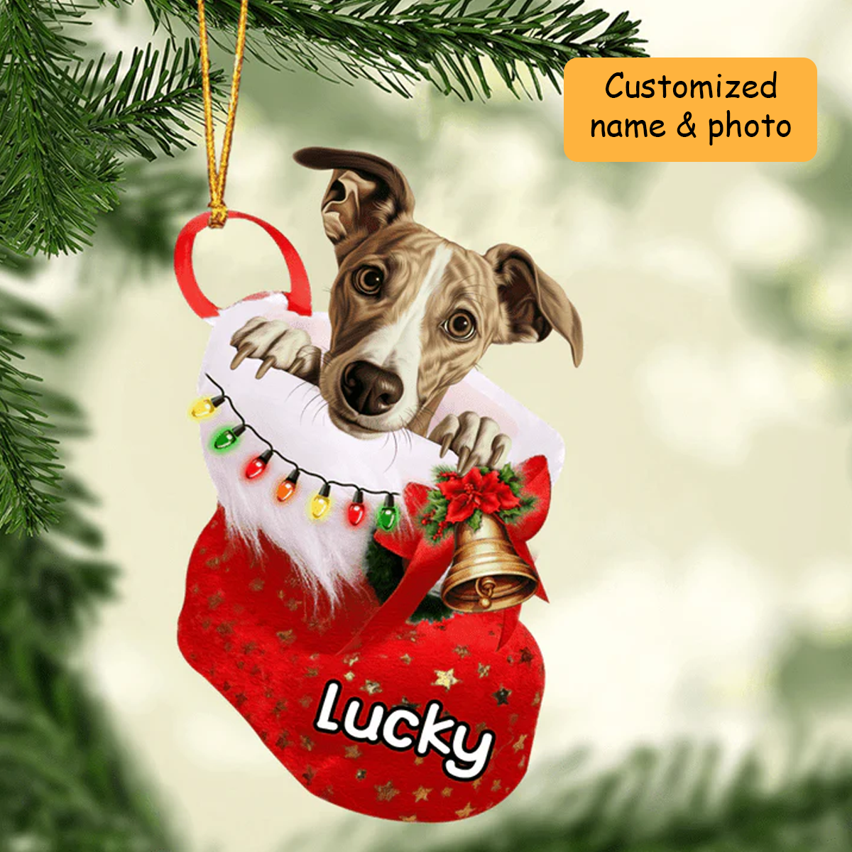 Customized Whippet Dog In Christmas Stocking Acrylic Ornament, Christmas Gifts Ornament for Dog Lover