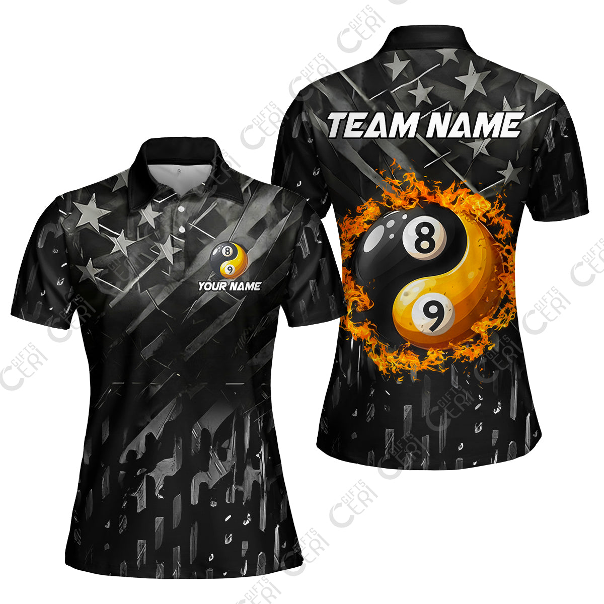 Customized Billiards Women Polo Shirt, Black US Flag 8 Ball 9 Ball Ying And Yang Pool Jersey