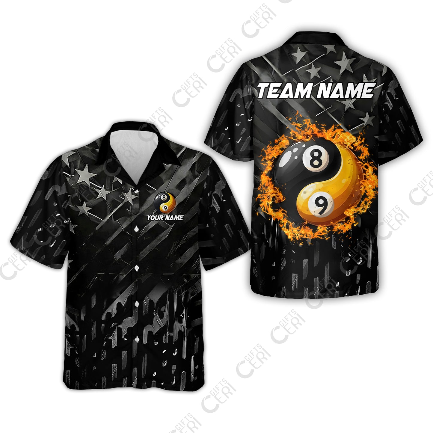 Customized Billiards Hawaiian Shirt, Black US Flag 8 Ball 9 Ball Ying And Yang Pool Jerseys