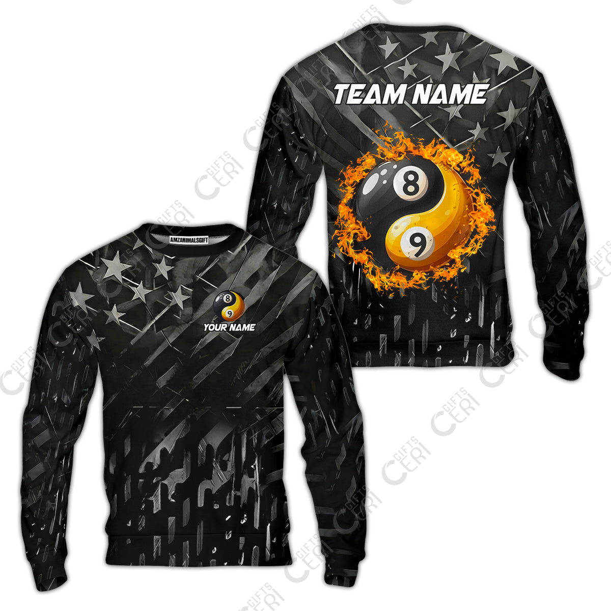 Customized Billiards Sweatshirt, Black US Flag 8 Ball 9 Ball Ying And Yang Pool Sweatshirt