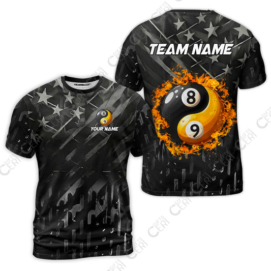 Customized Billiards T-Shirt, Black US Flag 8 Ball 9 Ball Ying And Yang Pool Jersey