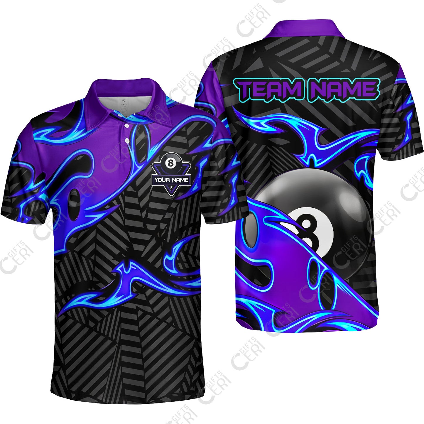 Customized Billiards Unisex Polo Shirt, Blue Fire 8 Ball Jersey