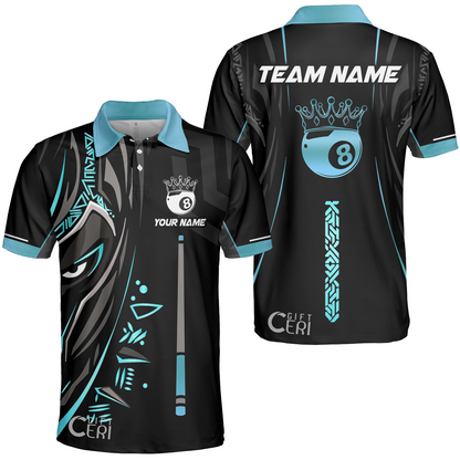 Customized Billiards Unisex Polo Shirt, Black Panther With Snooker Cue and 8 Ball Crown, 8 Ball Pool Jersey