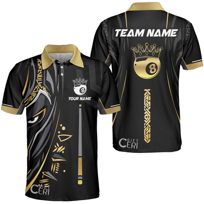 Customized Billiards Unisex Polo Shirt, Black Panther With Snooker Cue and 8 Ball Crown, 8 Ball Pool Jersey