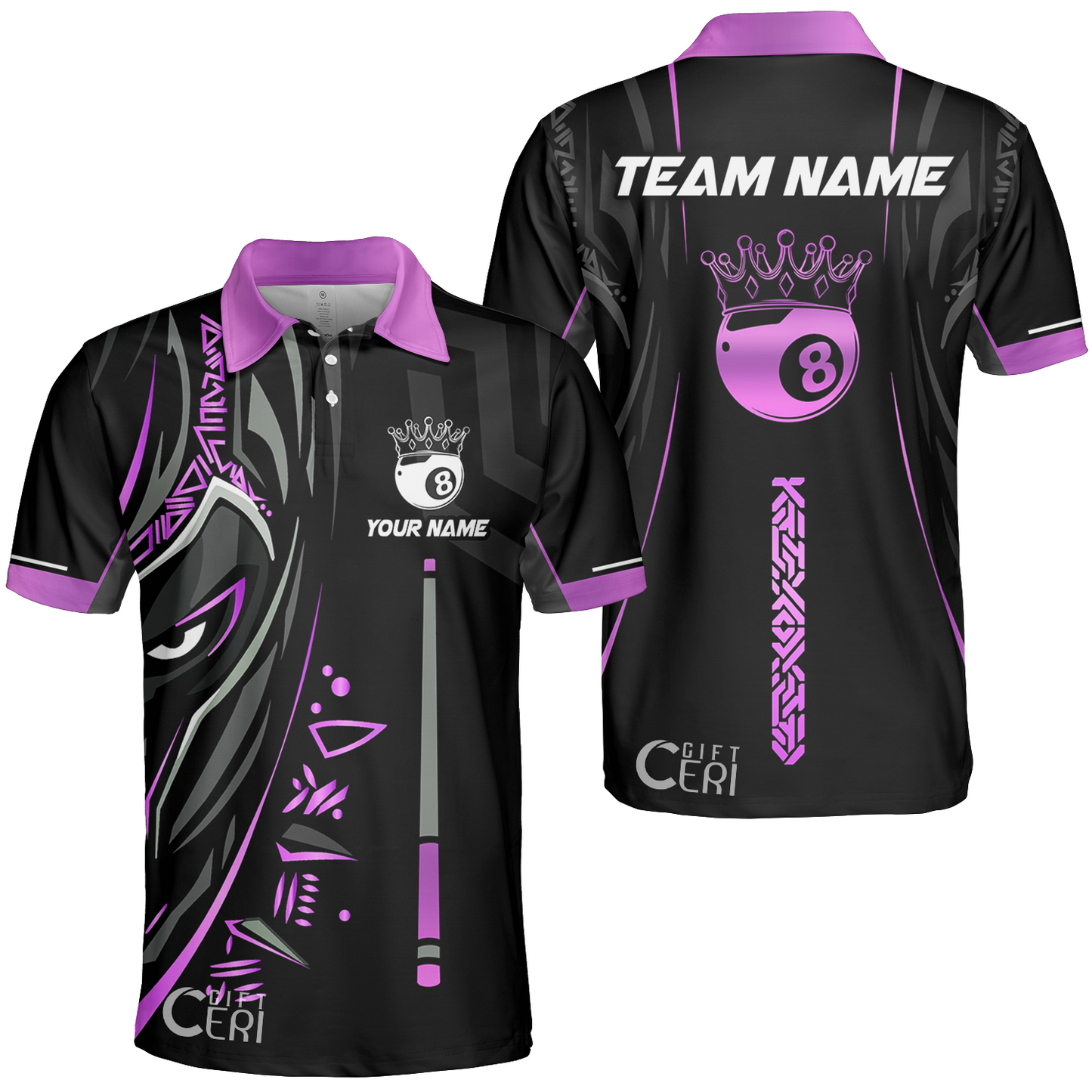 Customized Billiards Unisex Polo Shirt, Black Panther With Snooker Cue and 8 Ball Crown, 8 Ball Pool Jersey