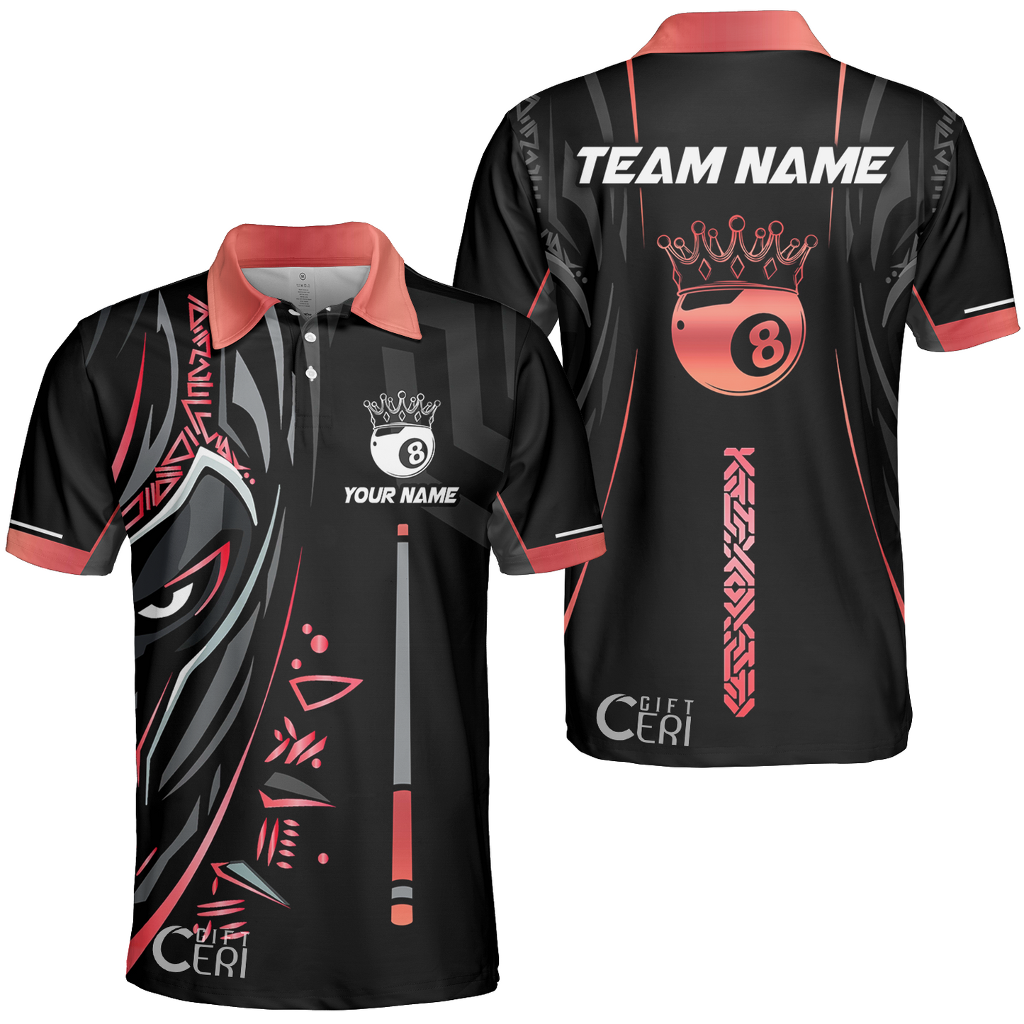 Customized Billiards Unisex Polo Shirt, Black Panther With Snooker Cue and 8 Ball Crown, 8 Ball Pool Jersey