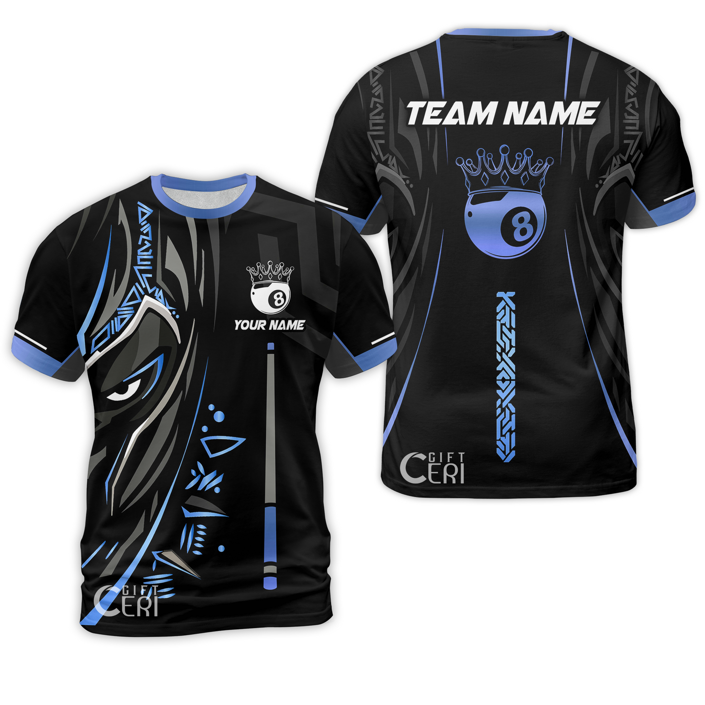 Customized Billiards T-Shirt, Black Panther With Snooker Cue and 8 Ball Crown, 8 Ball Pool Jersey