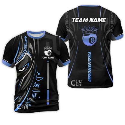 Customized Billiards T-Shirt, Black Panther With Snooker Cue and 8 Ball Crown, 8 Ball Pool Jersey
