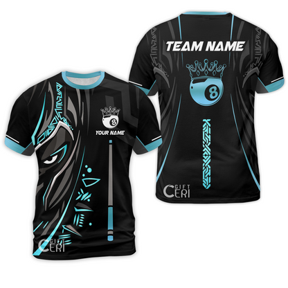 Customized Billiards T-Shirt, Black Panther With Snooker Cue and 8 Ball Crown, 8 Ball Pool Jersey