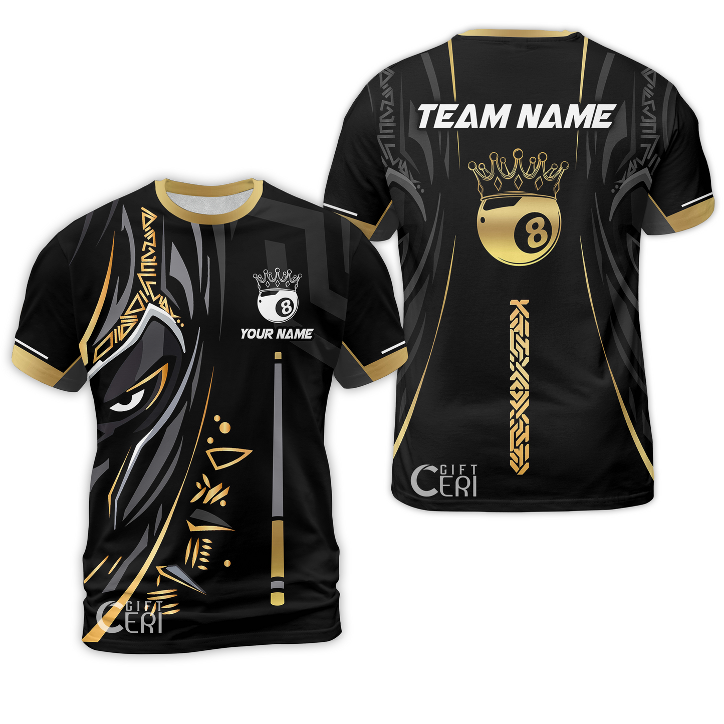 Customized Billiards T-Shirt, Black Panther With Snooker Cue and 8 Ball Crown, 8 Ball Pool Jersey